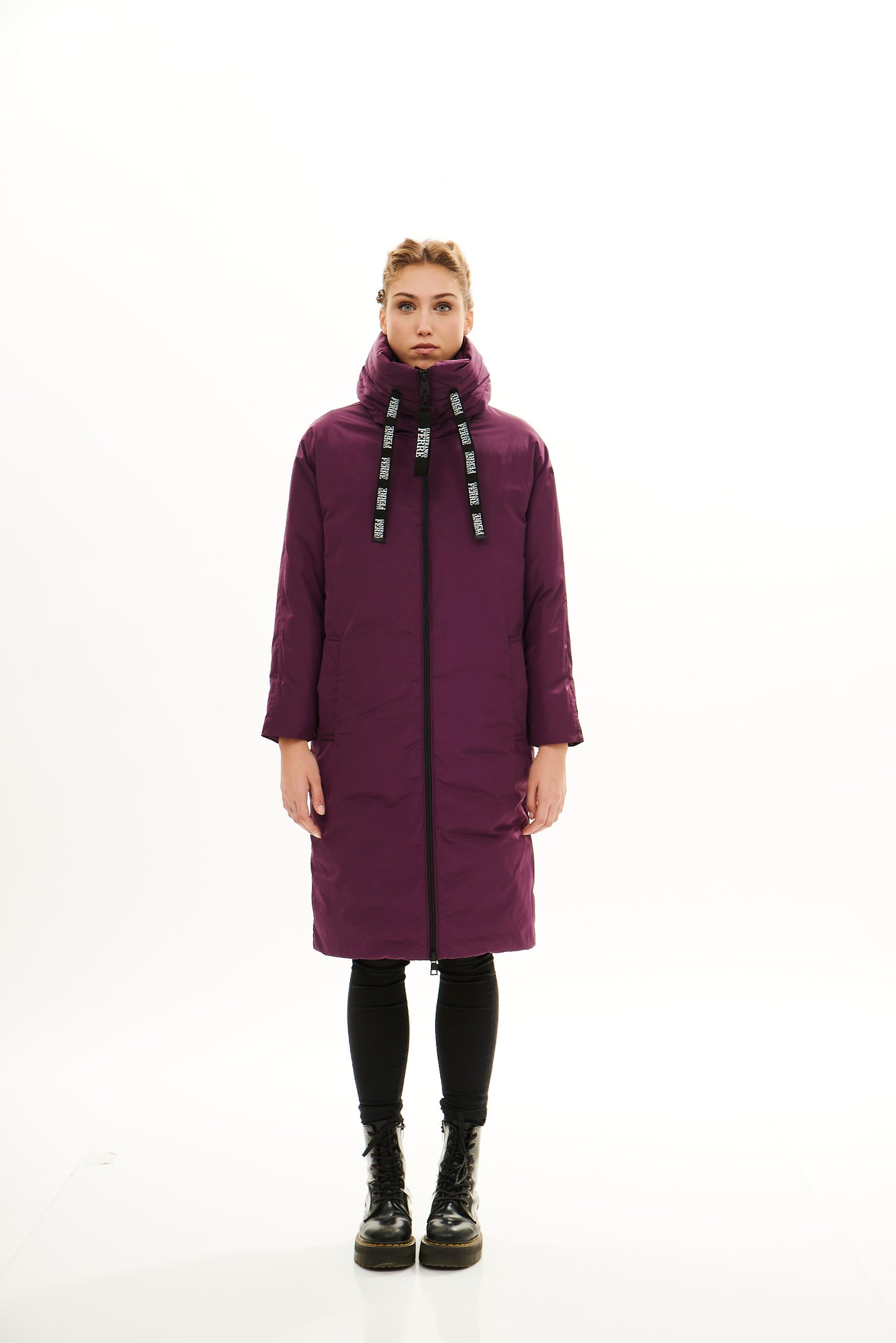 Hooded Woman Long Winter Jacket / Plum